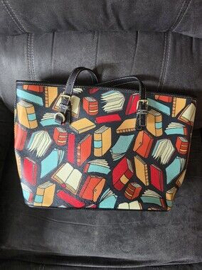 Colorful Book-Print Tote Bag in Black, Red, Teal & Yellow